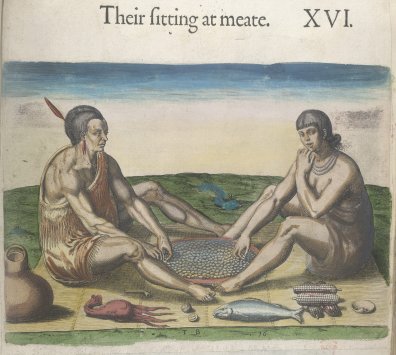 "Their Sitting at Meate," engraving number 16 from De Bry, 1590. (New York Public Library)