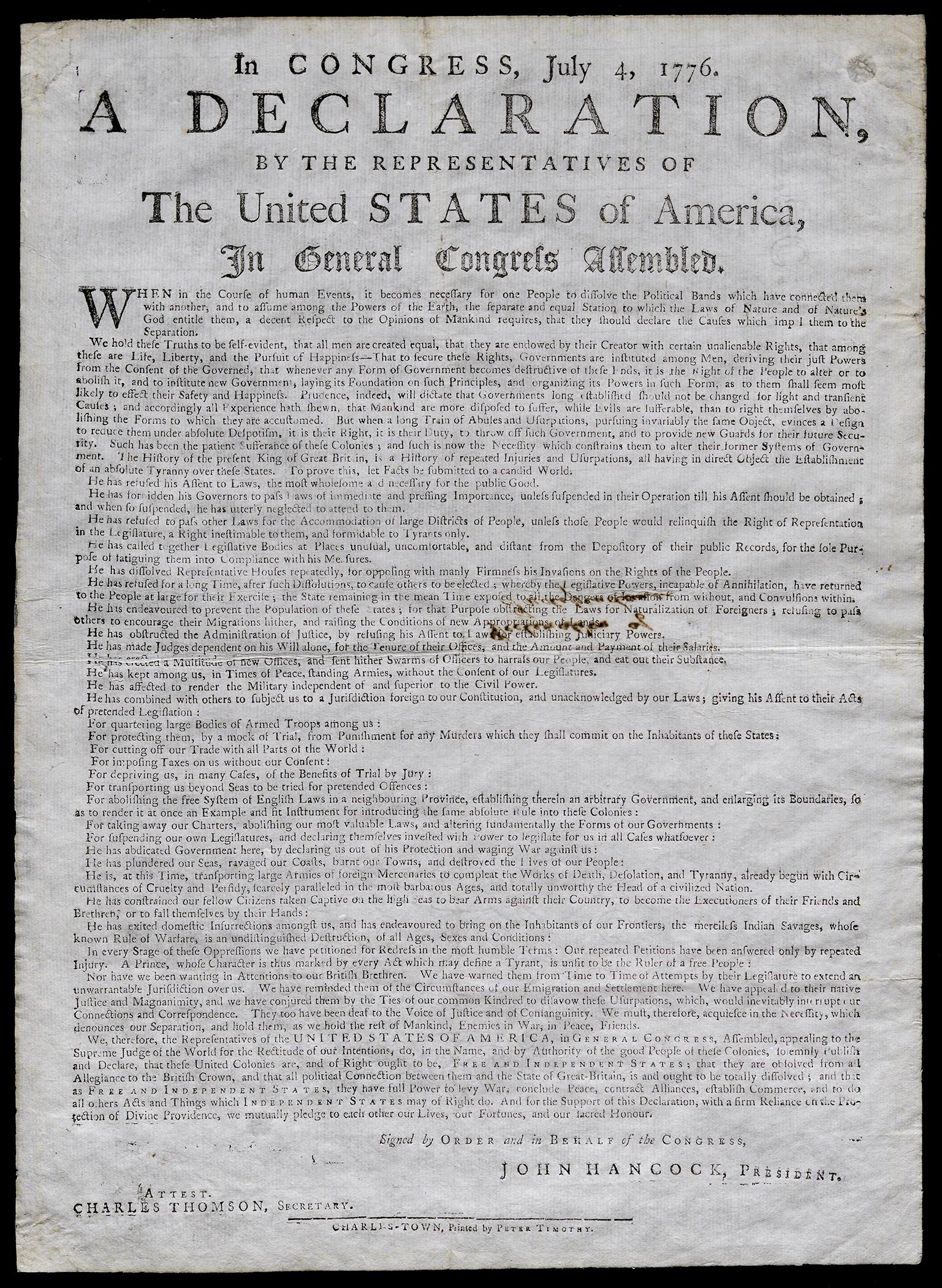 Declaration of Independence, printed by Peter Timothy, Charleston, South Carolina, August 2, 1776. (The Gilder Lehrman Institute, GLC00959)