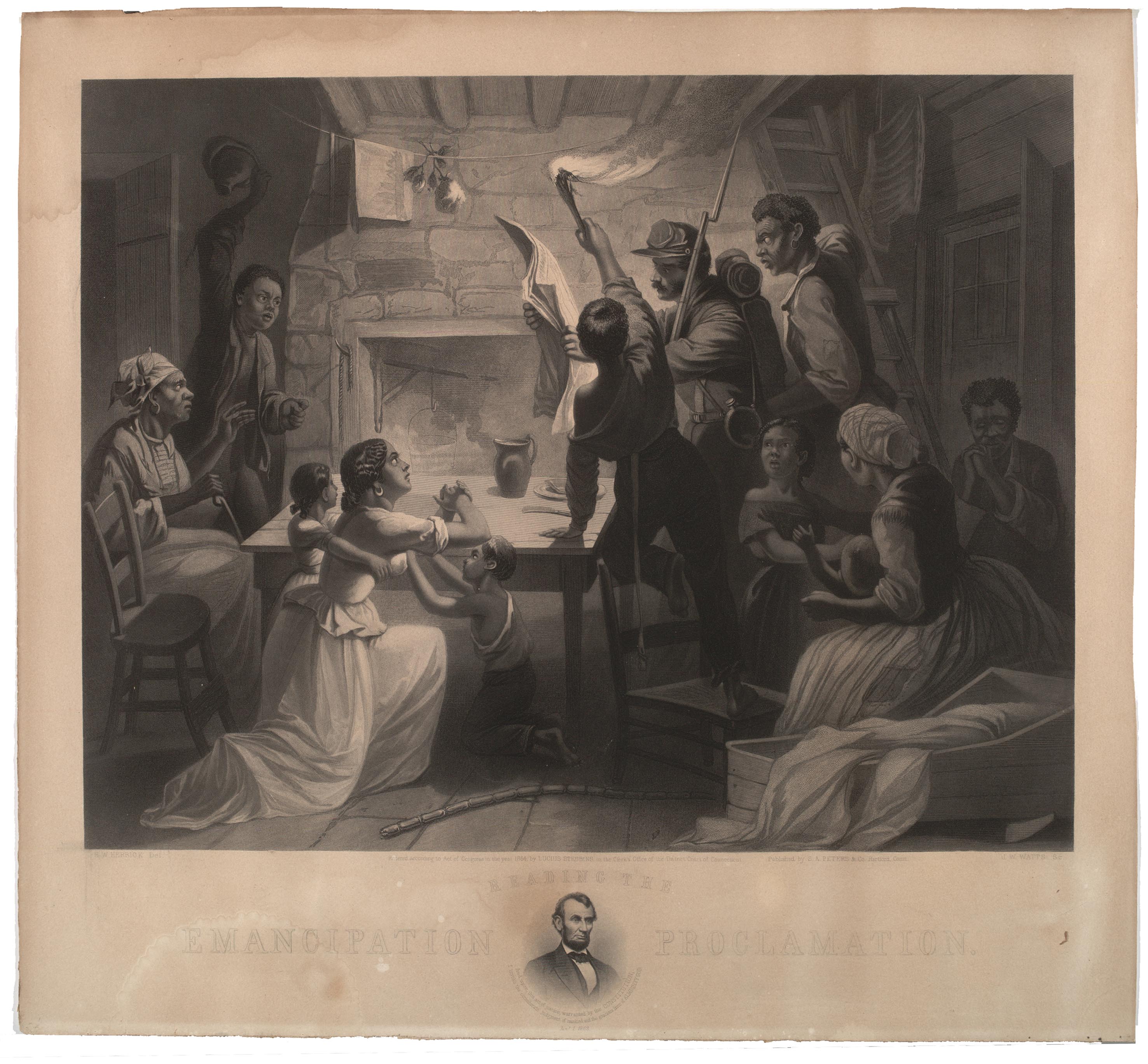 Lucius Stebbins. Reading the Emancipation Proclamation, Hartford: 1864. After a painting by Henry W. Herrick. (The Gilder Lehrman Collection)