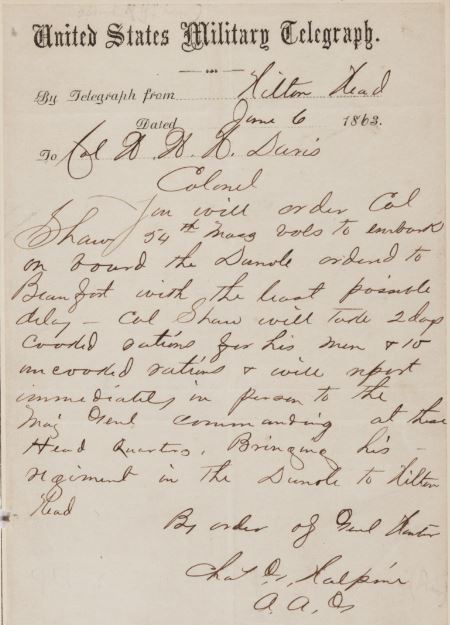 Charles Halpine relates orders for Colonel Robert Gould Shaw, June 6, 1863 (The Gilder Lehrman Institute, GLC01595.01)