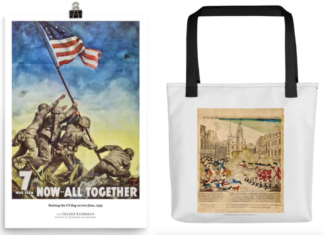 First Flag Raising on Iwo Jima Poster (Gilder Lehrman Institute, GLC06361) and Paul Revere's Boston Massacre Tote Bag (Gilder Lehrman Institute, GLC01868)