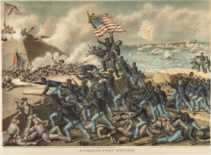 Kurz & Allison 1890 print of the storming of Fort Wagner by the 54th Massachusetts Regiment in 1863 (Gilder Lehrman Institute, GLC00317.02)