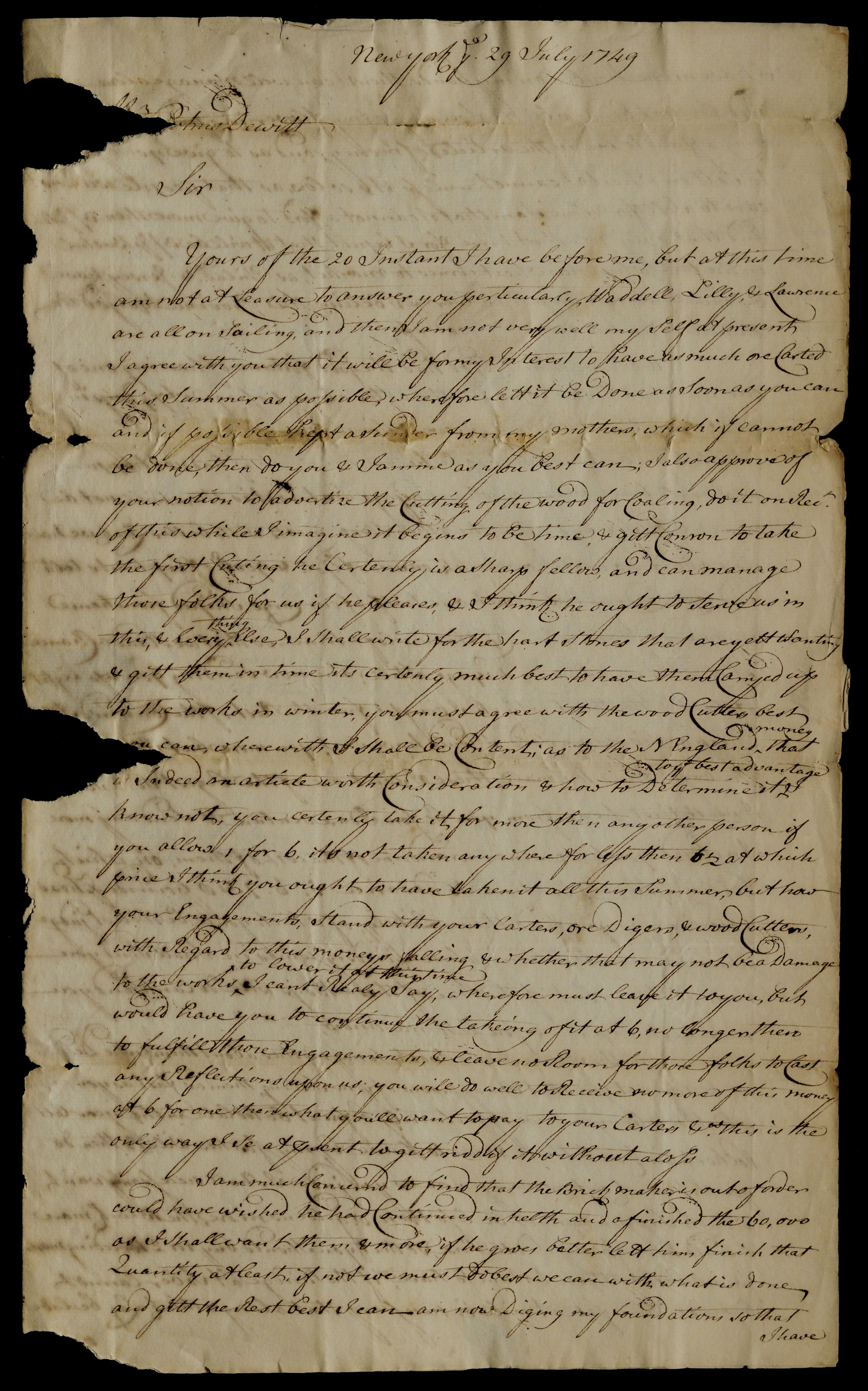 Robert Livingston to Petrus Dewitt, July 29, 1749. (The Gilder Lehrman Institute of American History, GLC03107.04449) Robert Livingston to Petrus Dewitt, July 29, 1749. (The Gilder Lehrman Institute