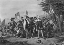 Landing of Christopher Columbus, engraving by H. B. Hall, 1856. (Gilder Lehrman Collection) Landing of Christopher Columbus, 1856