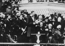 President Lincoln delivering his inaugural address on the east portico of the U.S. Capitol, March 4, 1865. President Lincoln delivering his inaugural address on the east portico of the U.