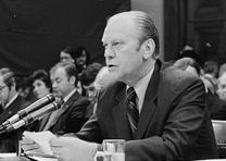 Gerald Ford appears at congressional hearing regarding his pardon of Nixon, October 17, 1974. (Library of Congress Prints and Photographs Division) Gerald Ford appears before Congress on Nixon's pardon. (Library of Congress)