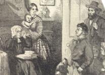 The drummer boy, visibly hardened from his battle experience, returns home to his family in this vignette from Thomas Nast’s illustration "The Drummer Boy of Our Regiment" in Harper’s Weekly in 1863. The Gilder Lehrman Collection. The drummer boy, visibly hardened from his battle experience, returns home to hi