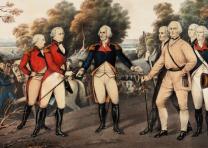 British General Burgoyne (center left) surrenders to General Horatio Gates at Saratoga, NY, October 17, 1777, in this Currier print based on a painting by John Trumbull in the US Capitol (New York, 1852). (Gilder Lehrman Collection) British General Burgoyne (center left) surrenders to General Horatio Gates at Sa
