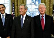 President-elect Barack Obama is welcomed by President George W. Bush for a meeting at the White House with former presidents, from left, George H.W. Bush, Bill Clinton, and Jimmy Carter. (Courtesy of the White House)
