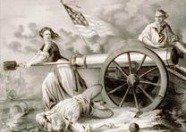 This 1876 Currier and Ives print, “The Heroine of Monmouth . . . June 28, 1778,” depicts Molly Pitcher taking over her husband's gun after he was killed during the American Revolution. (Library of Congress Prints and Photographs Division) “The Heroine of Monmouth, June 28, 1778,” Currier & Ives, 1876 (LC-USZC2-2573)