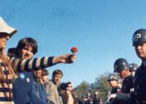 A demonstrator offering a flower to a military police officer, October 21, 1967. (National Archives and Records Administration) A demonstrator offering a flower to a military police officer, October 21, 1967