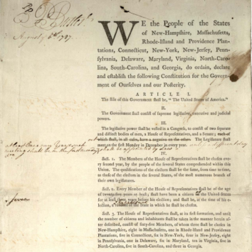 Original draft of the Constitution with notes by Pierce Butler, August 6, 1787 (Gilder Lehrman Institute, GLC00819.01)