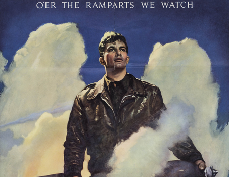 WWII era poster with pilot and angel wings suggested by clouds in the background
