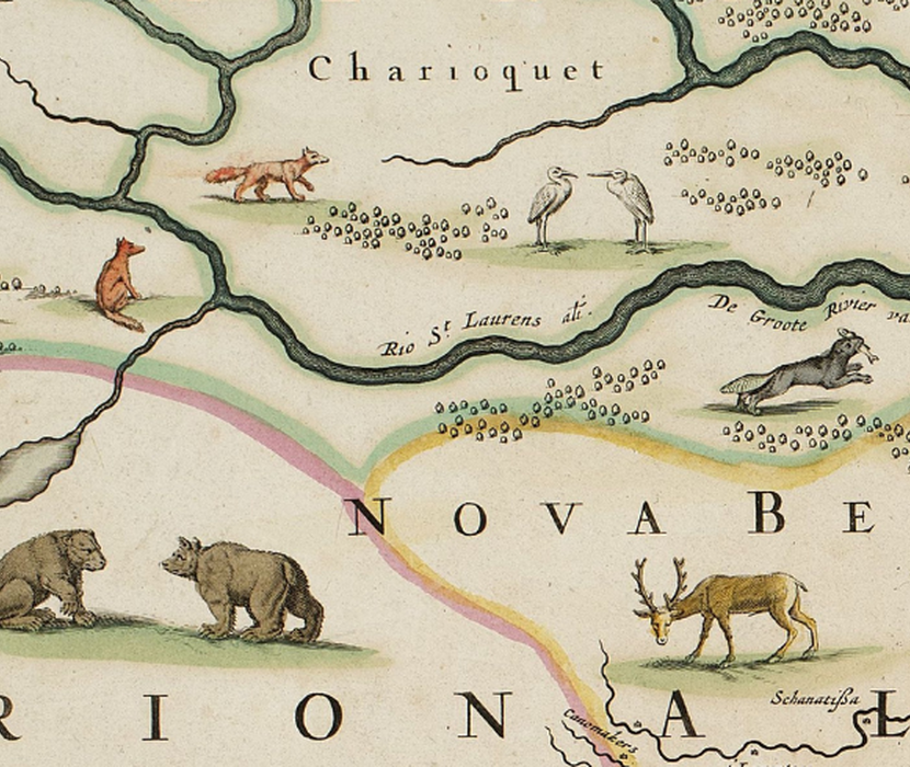 Detail of a 17th-century map of North America showing various flora and fauna