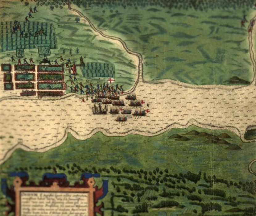 View from sixteenth-century map showing attack of English naval expedition on St. Augustine