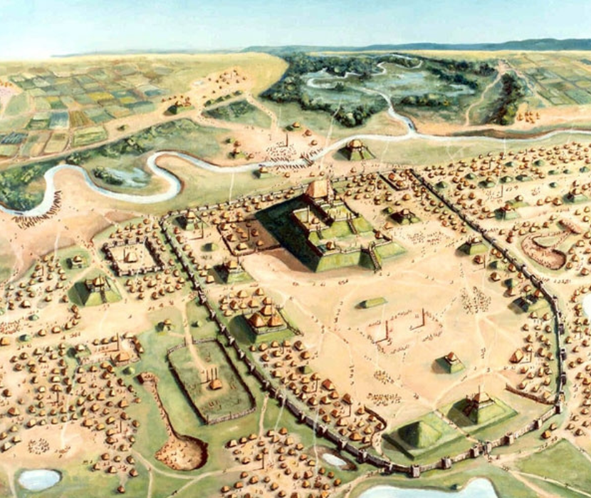 modern-day painting depicting Cahokia Mounds by William Iseminger