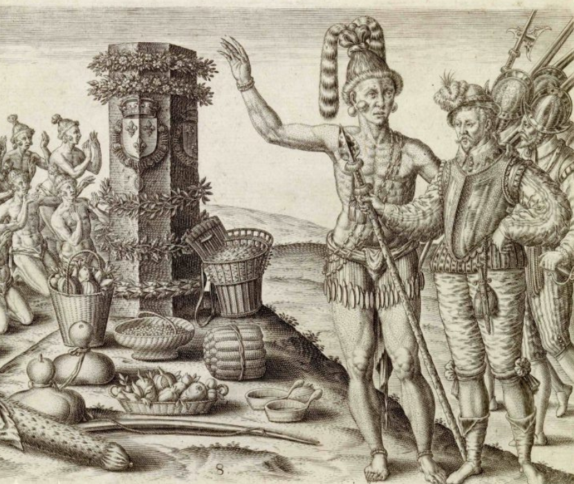 Theodore de Bry engraving, Indians worship the column in honor of the French king, 1591