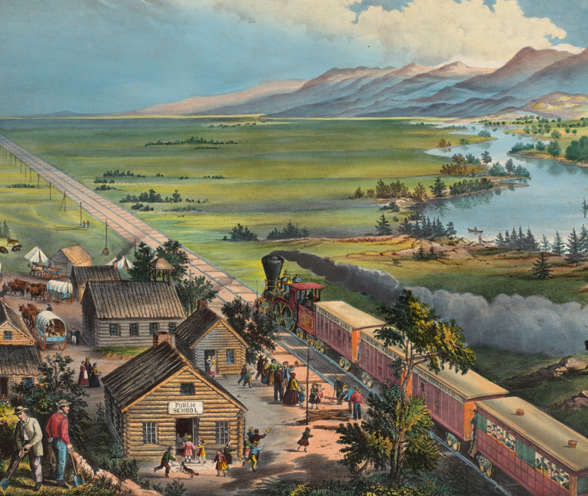 Illustration called "Across the Continent" showing railroad passing through frontier village with forest, plains, river, and mountainous terrain all visible. The train has the text "Through Line New York San Francisco" written on it.