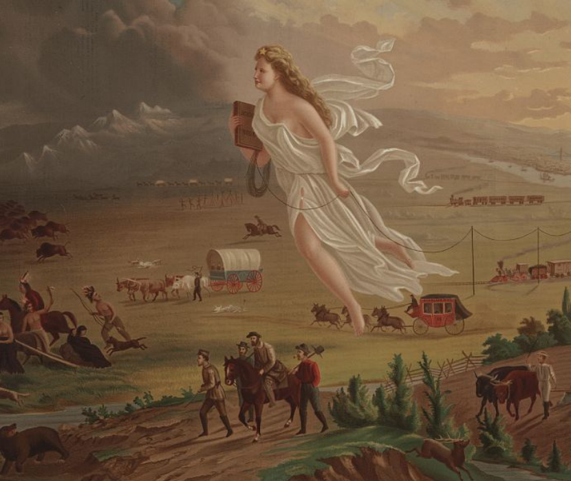 Chromolithograph showing floating allegorical female figure representing America laying telegraph wire as trains and white settlers following her.