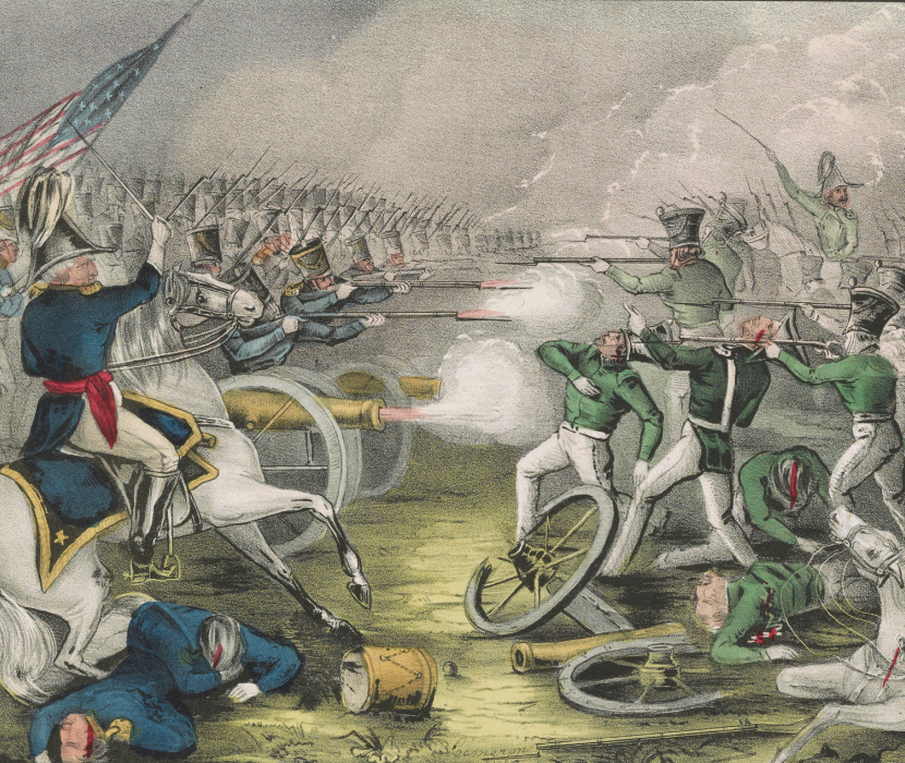 1847 engraving showing largely steadfast US soldiers firing into Mexican soldiers, many of whom have fallen in battle