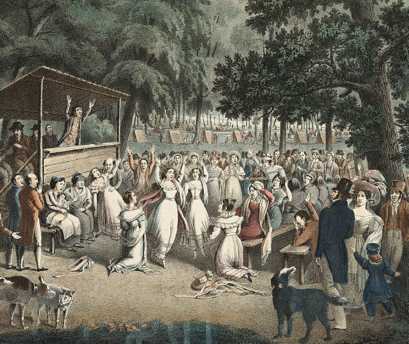Lithograph depicting a scene at a religious revival in the woods, including a preacher gesticulating and many people in the crowd in various states of emotional convulsion.