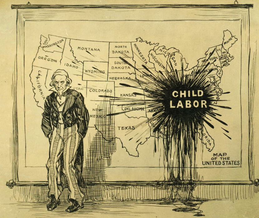 Political cartoon showing problem of child labor in America.