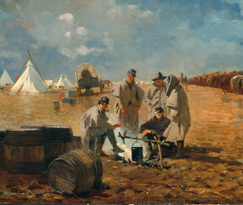 Oil painting showing five civil war soldiers gathered around a campfire