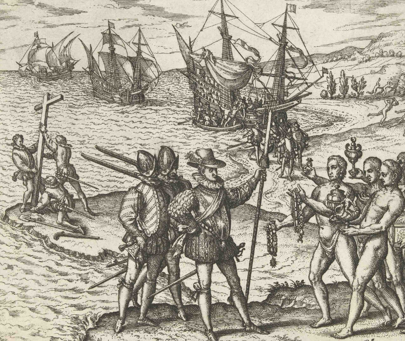 Theodor DeBry's 1594 engraving of Columbus receiving gold from natives on coming ashore in America