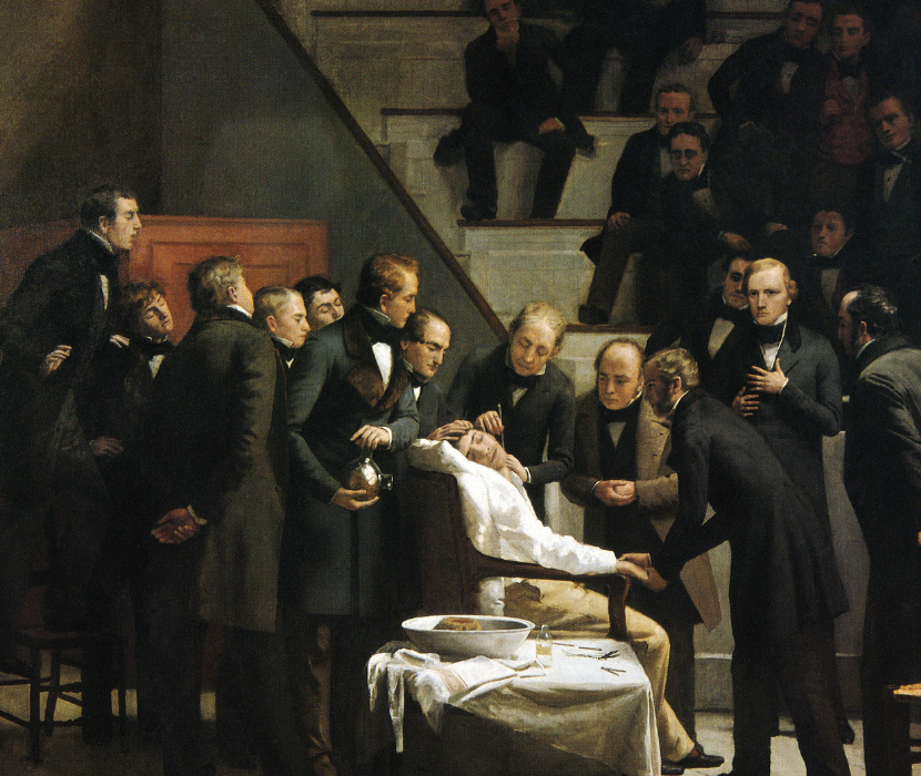 Detail from oil painting (1882-93) depicting doctors gathered around patient in medical theater, performing the first operation with ether