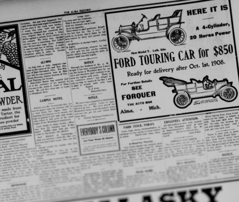 Ford advertisement in 1908 newspaper.