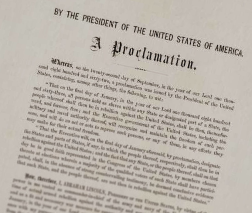 Printed edition from 1864 of the Emancipation Proclamation with focus on text "By the President of the United States of America A Proclamation."