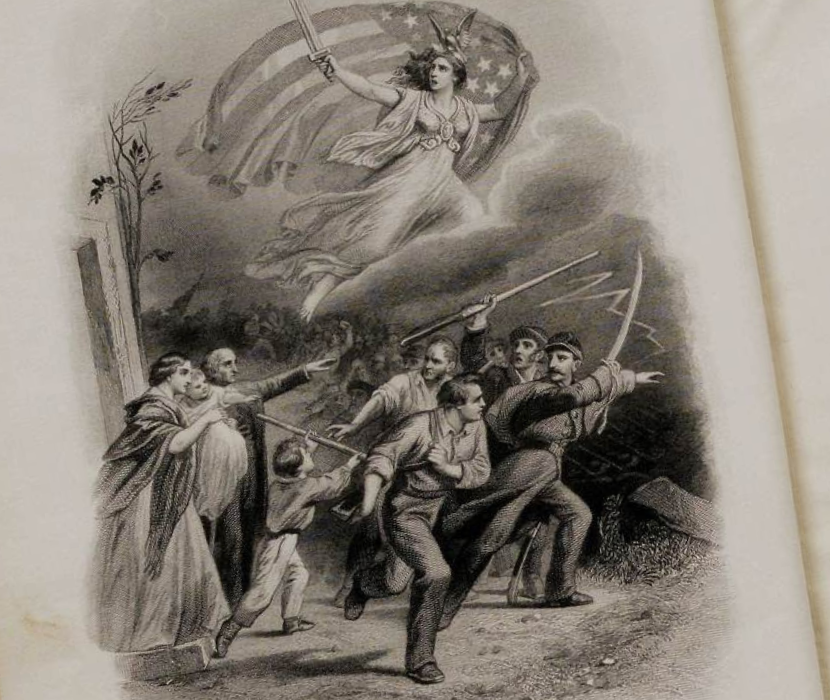 Frontispiece illustration with allegorical female embodiment of America holding a sword and US flag 