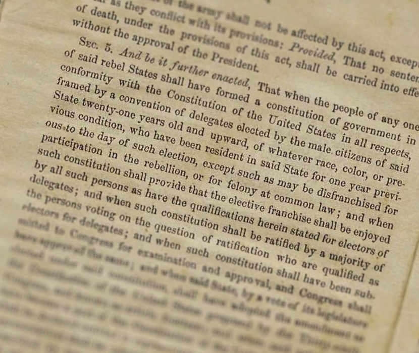 Detail of printed page with published acts of Congress discuss how rebel states would create new state constitutions