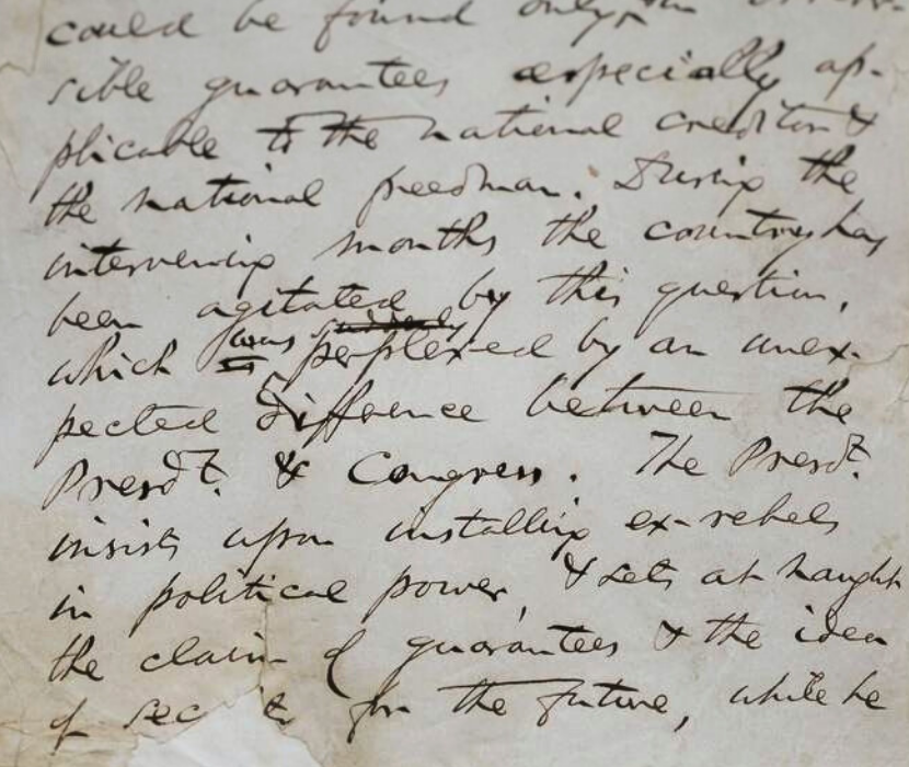 Detail from handwritten letter by Charles Sumner with focus on lines discussing the different between President and Congress on the subject of the ex-rebels
