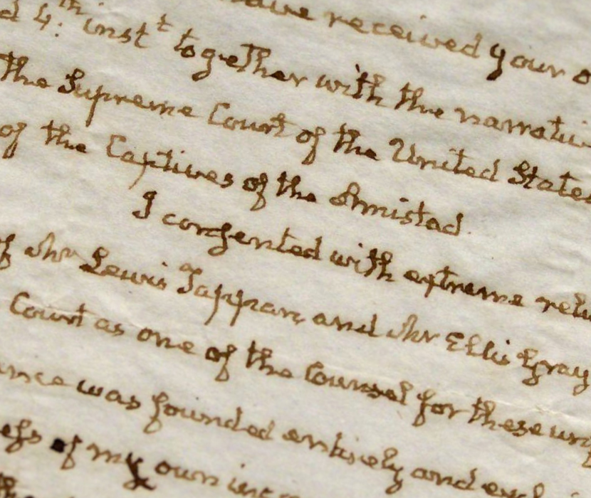 Handwritten letter from John Quincy Adams with visible text discussing "the Supreme Court of the United States" and "the Captives of the Amistad" 