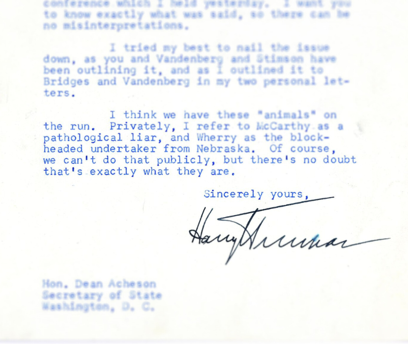 Harry Truman letter to Dean Acheson.