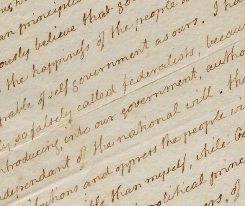 Detail from handwritten letter by Thomas Jefferson with the text "so called federalists" prominently featured
