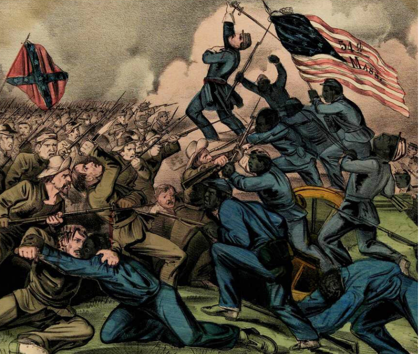 Detail from color print depicting the African American soldiers fighting Confederate soldiers. 