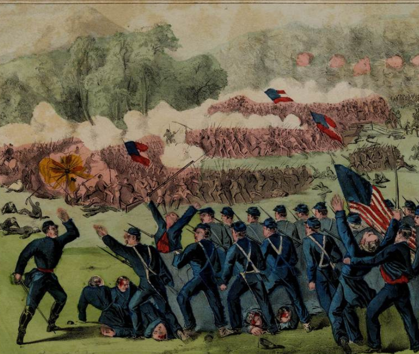 View from colored engraving depicting battle of Cedar Mountain with Union soldiers in the foreground