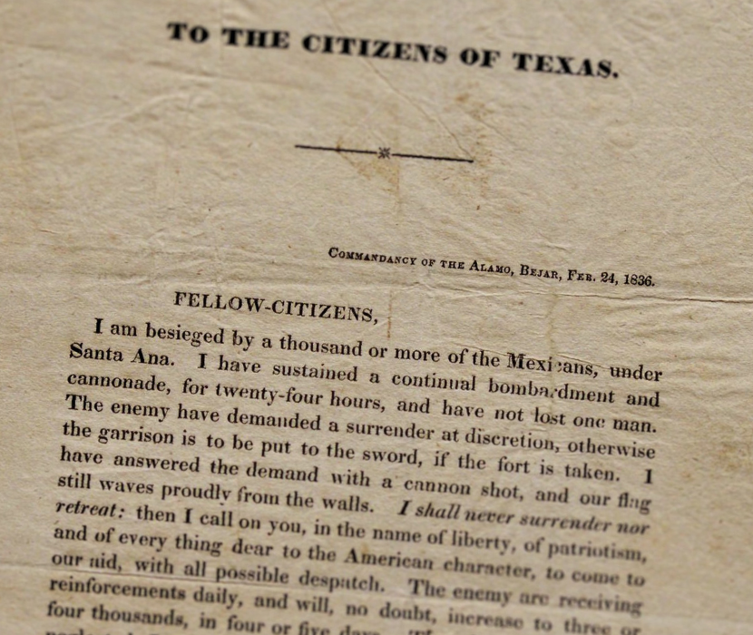 Top of a published letter addressed to "the Citizens of Texas" with visible text describes how the author is "besieged" and under "continual bombardment"
