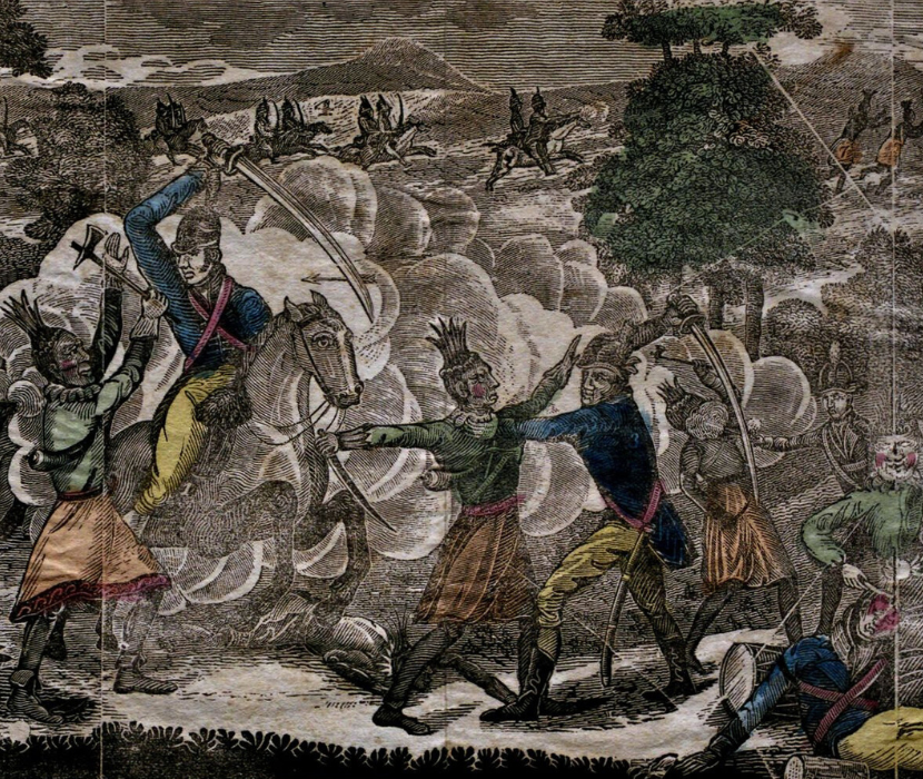 View from a woodcut engraving depicting an early nineteenth-century battle, with clouds of gunsmoke and Euroamericans and Native Americans engaged in hand to hand combat. 