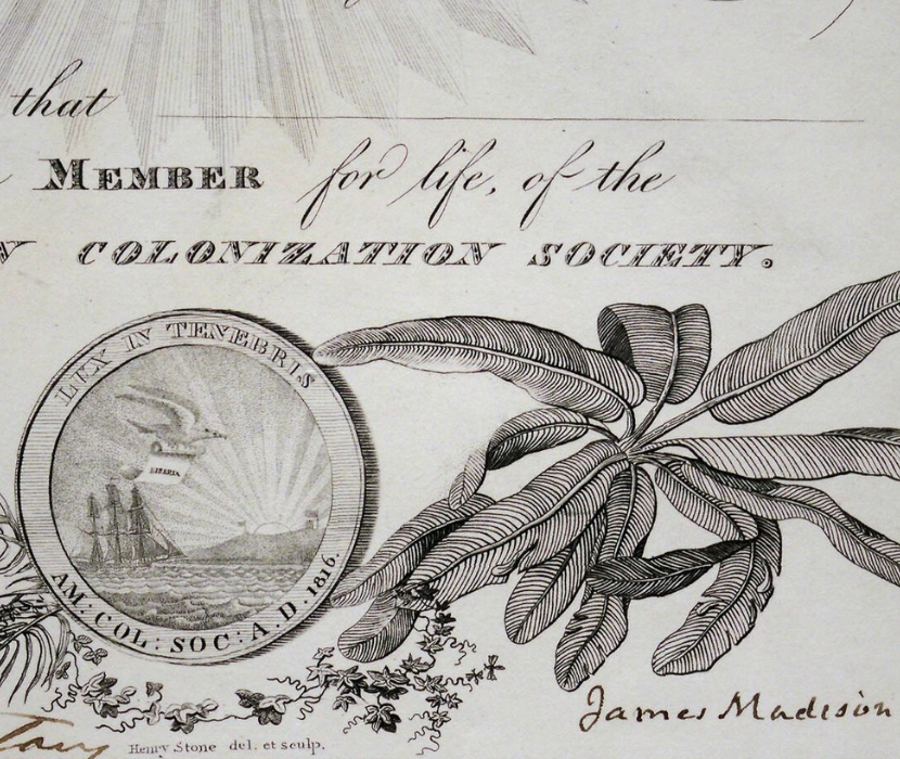 Detail from an early nineteenth-century certificate issued by the Colonization Society, including the seal, decorative embellisments, and signature of James Madison 