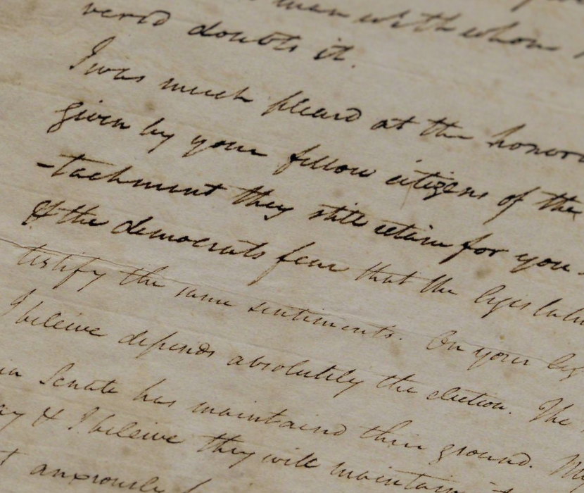 Details from John Marshall's handwritten where visible text includes "the democrats fear that" and "depends absolutely [on] the election"