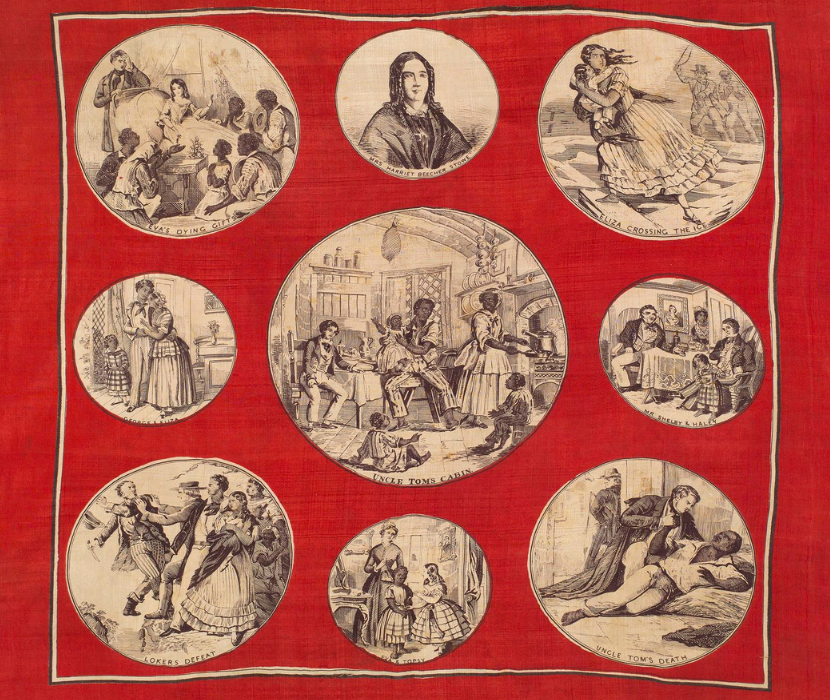 Red cloth banner featuring nine vignettes in circles from Uncle Toms Cabin