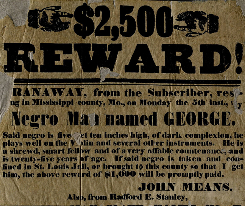 Top portion of a runaway slave add with "$2,500 REWARD!" headline