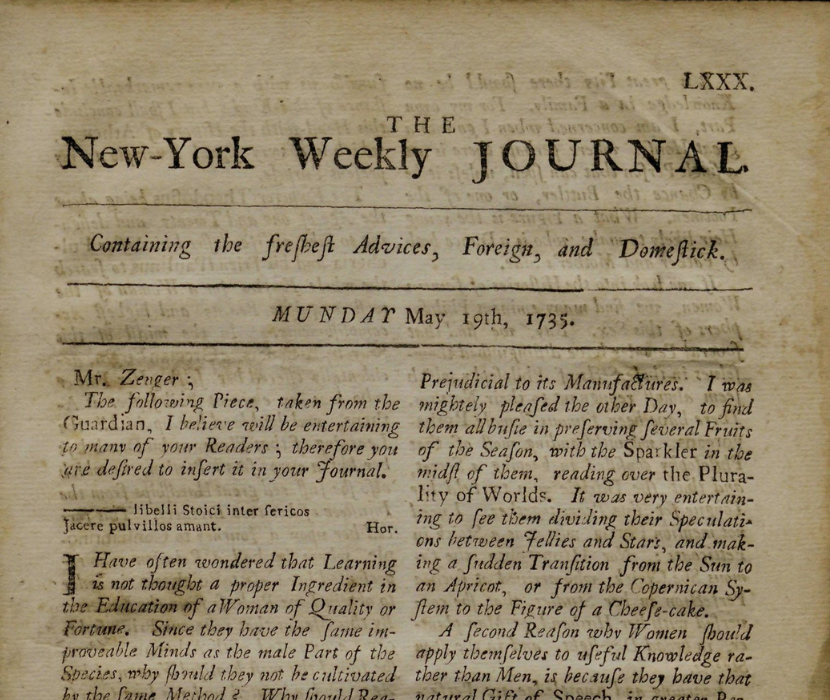 Detail of front page from the New-York Weekly Journal, May 19, 1735