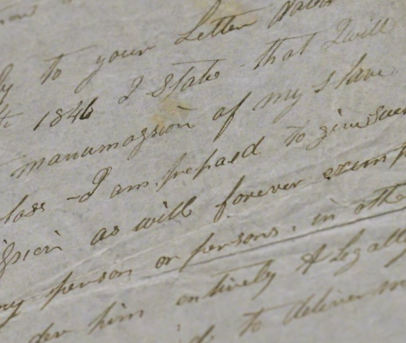 Detail from 1846 handwritten letter negotiating the purchase of Frederick Douglass's freedom with emphasis on text "manumission of my slave"