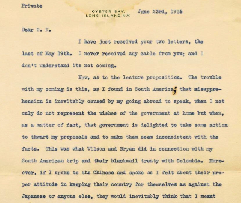 Teddy Roosavelt letter expressing thoughts about the Lusitania.
