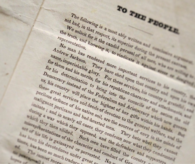 View of published with visible text extolling Andrew Jackson 