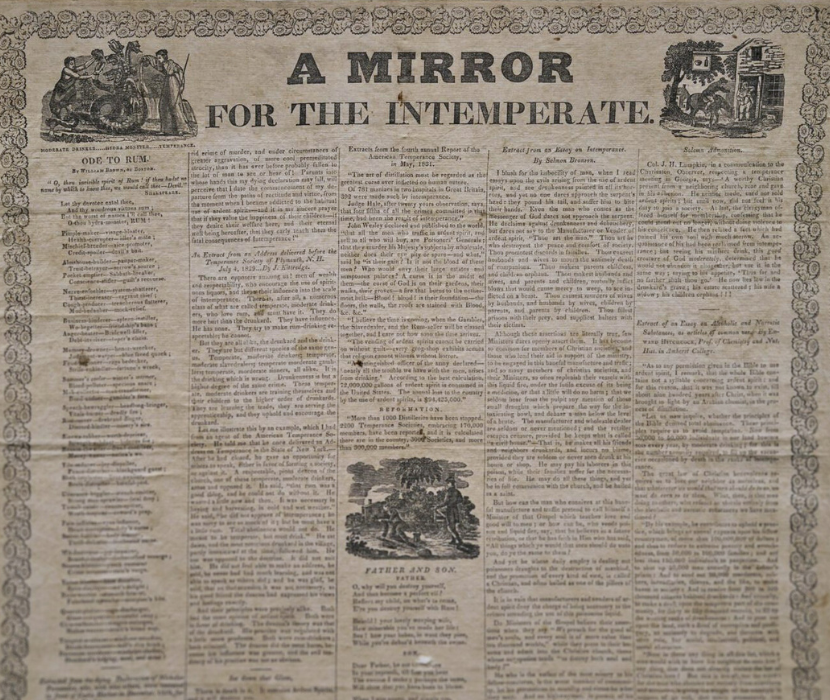 Broadside with title "A Mirror for the Intemperate" composed of a series of images, poems, and prose.